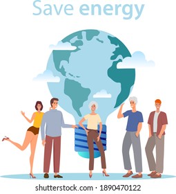 Save energy.People and planet Earth in the shape of a light bulb.The concept of energy saving environmental protection and eco-friendly fuel.Flat vector illustration.