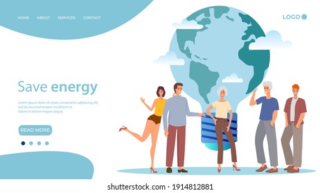 Save energy.People and planet Earth in the shape of a light bulb.The concept of energy saving environmental protection and eco-friendly fuel.Flat vector illustration.