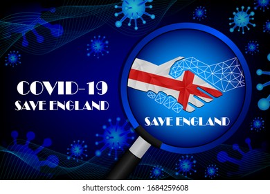 Save England for stop virus sign. Covid-19 virus cells or corona virus and bacteria close up isolated on blue background,
Poster Advertisement Flyers Vector Illustration.