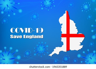 Save England for stop virus sign. Covid-19 virus cells or corona virus and bacteria close up isolated on blue background,Poster Advertisement Flyers Vector Illustration.
