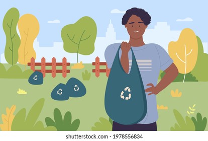 Save environment, clean park, garden vector illustration. Cartoon happy young man character holding garbage bag with recycling sign, teen volunteer collecting trash rubbish in green nature background