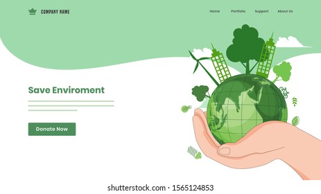 Save Environment concept based landing page design with human hand holding green earth globe.