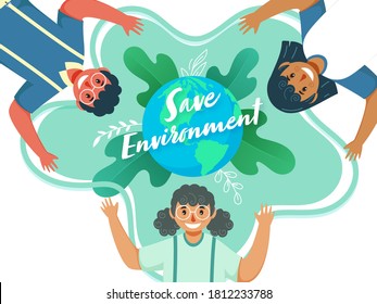 Save Environment Concept with Cartoon Children Raising Hands Up and Earth Globe on Green Leaves Background.