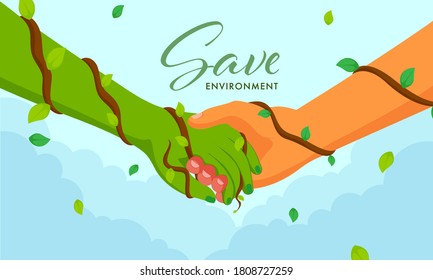 Salve o conceito de ambiente com o aperto de mão entre a mão humana e verde sobre fundo azul.