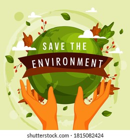 Save The Environment Concept with Human Hands Protecting Earth Globe and Leaves on Green Background.