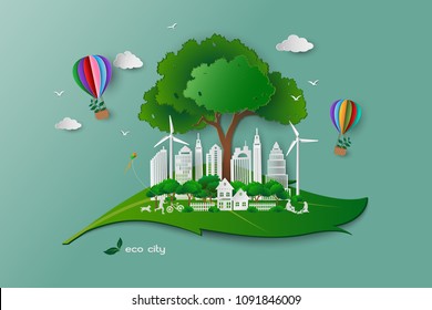 Save the environment conservation ecology concept,family happy and relax with green nature,white paper art building on leaf shape abstract background,vector illustration