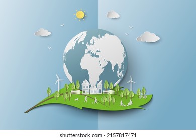 Salvar el concepto de ecología de conservación del medio ambiente, paisaje de arte de papel con ciudad limpia en forma de hoja fondo abstracto,ilustración vectorial