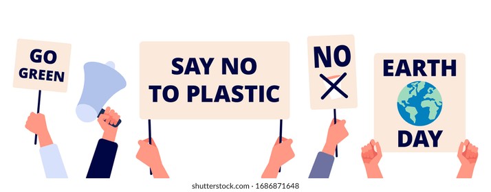 Save environment. Earth day, go green and eco world. Hands hold ecology posters, saving planet banners. Global nature activism and volunteering vector concept