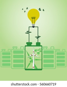 Save environment and green energy concept. Using battery power to show an alternative way of producing electricity using windmill to light up the bulb.