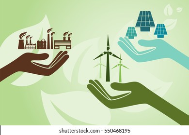 Save environment and green power concept. Hands holding new solution to create power using solar cell and windmill instead of old power plant.