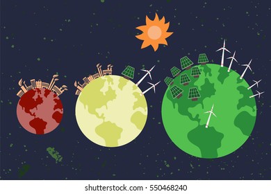 Save environment and green power concept. Alternative way of producing power using three different earth color to represent green and clean power.
