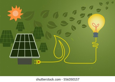 Save environment and green power concept. An electric cord line in shape of leaf from light bulb connected to solar cell for green power.