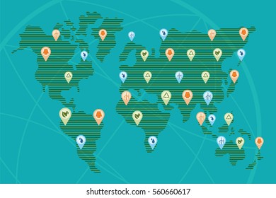 Save environment and green power concept. World map with icons of green energy spread over the world.