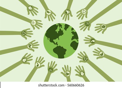 Save environment and green power concept. Many hands with green energy symbol around the world.