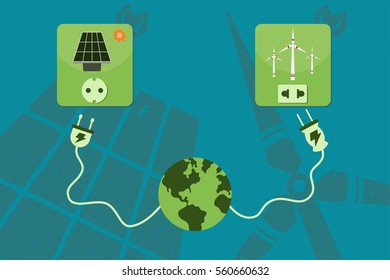 Save environment and green power concept. Electricity power cord from the world connecting to green power source which are solar cell and windmill.