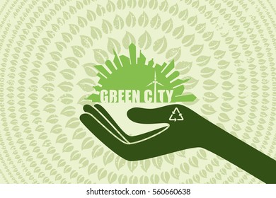 Save environment and green power concept. Hand holding the graphic of city with text inside and green leaf flow around.