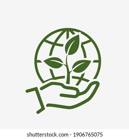 save environment icon. plant sprout and globe earth in hand. environmental and eco symbol. vector green color image in flat style