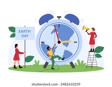 Save the environment and nature of planet, global environmental protection worldwide. Tiny people hold megaphone and Earth Day sign, turn hand of clock on globe of Earth cartoon vector illustration