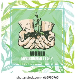 Save environment protection word. Hand holding and planting new tree