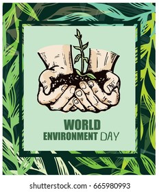 Save environment protection word. Hand holding and planting new tree