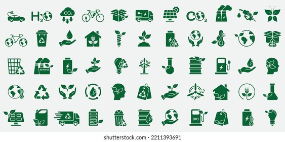 Save Environmental Ecology Silhouette Icon Set. Eco House, Car, Factory Clean Natural Environment Symbol. Solar Electric Renewable Power. Green Energy Glyph Pictogram. Isolated Vector Illustration.