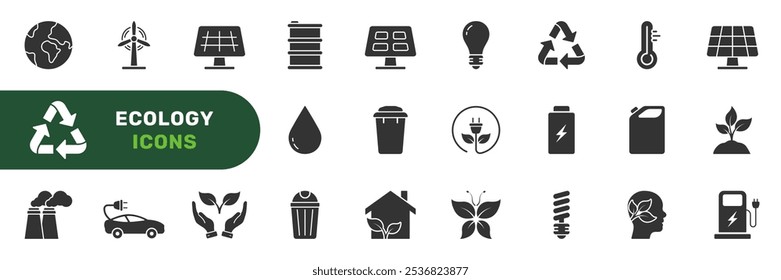 Guardar Conjunto de iconos de silueta de ecología ambiental. Icono de glifo de energía verde. Energía renovable eléctrica solar. Casa ecológica, coche, fábrica limpia símbolo del medio ambiente natural. Ilustración vectorial aislada.