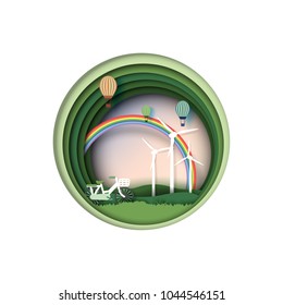 Save eth earth and nature concept paper art style design.Renewable energy with green environment and ecology conservation concept.Vector illustration.