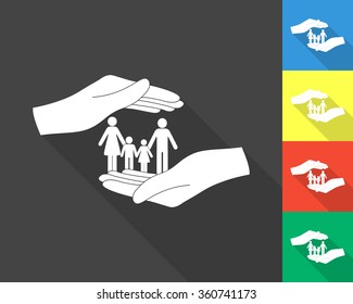 save family icon - gray and colored (blue, yellow, red, green) vector illustration with long shadow