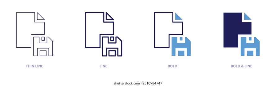 Save file icon in 4 different styles. Thin Line, Line, Bold, and Bold Line. Duotone style. Editable stroke.