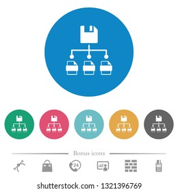 Save file as multiple format flat white icons on round color backgrounds. 6 bonus icons included.