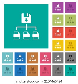 Save file as multiple format multi colored flat icons on plain square backgrounds. Included white and darker icon variations for hover or active effects.