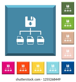 Save file as multiple format white icons on edged square buttons in various trendy colors
