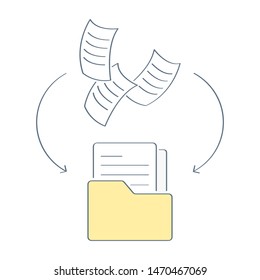 Save files, documents, moving data to a storage folder. Workflow, paperwork, data update, transfer, processing or migration, database synchronization, Flat outline trendy isolated vector ui element.