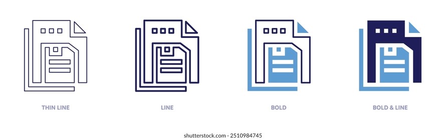 Ícone Salvar arquivos em 4 estilos diferentes. Linha fina, Linha, Negrito e Linha Negrito. Estilo duotônico. Traçado editável.