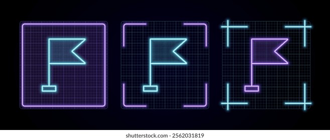 Save flag icon illustration, cyber neon visual, glowing border grid vector.