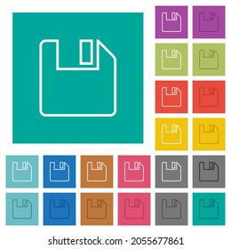 Save to floppy outline multi colored flat icons on plain square backgrounds. Included white and darker icon variations for hover or active effects.