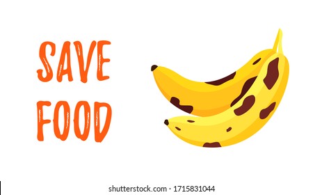 save food vector banner of speckled rotten banana isolated on white, fight waste