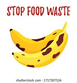 save food vector illustration of speckled rotten banana isolated on white, fight waste banner