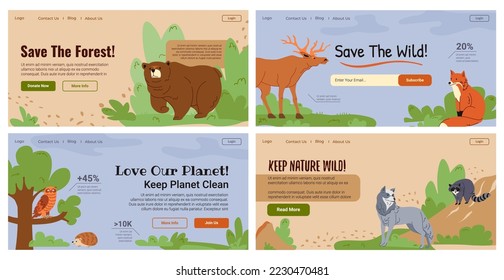 Save forest animals concept at web banner set. Wild nature protection sign at landing page design collection, vector illustration. Love our planet, save environment and ecology at website