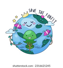 Speichern Sie die Vektorgrafik von Wald und Erde. Ökologie oder Öko-Tagesschild. Cartoon Clip Art für Naturschutz. Ökologisches Zukunftsdesign. Erneuerbare Energien und Recycling, Globalpflegeplakat.Biologische Sphäre