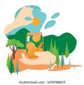 save forest. hands holding coins and bills and putting them into money box. Charity project, donation service, fundraising program. Modern colorful vector illustration for advertisement.