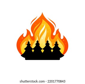 Save the forest icon with fire and silhouettes of firs. Wildfire with burning woods plants and flame due drought. Vector isolated illustration of environment protection and prevention disasters