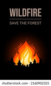 Save the forest internet banner or poster with fire and silhouettes of firs. Wildfire with burning woods plants and flame due drought. Vector banner of environment protection and prevention disasters