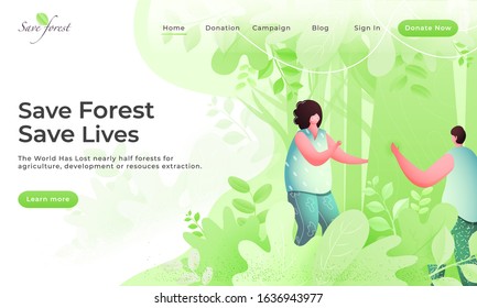 Save Forest  Save Lives Landing Page Design with Faceless Young Boy and Girl on Green Nature Background.