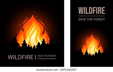 Save the forest posters with fire and silhouettes of firs. Wildfire with burning woods plants and flame due drought. Set of vector banners of environment protection and prevention disasters