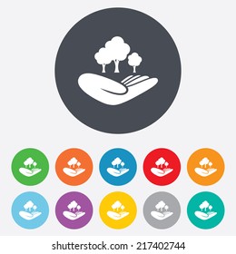Save forest sign icon. Hand holds tree symbol. Environmental protection symbol. Round colourful 11 buttons. Vector