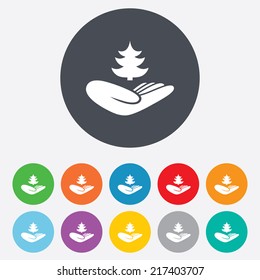 Save forest sign icon. Hand holds Christmas tree symbol. Environmental protection symbol. Round colourful 11 buttons. Vector