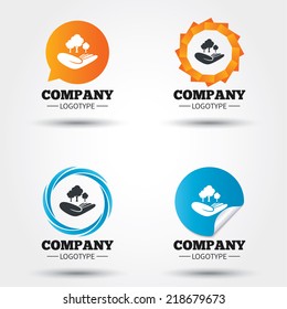 Save forest sign icon. Hand holds tree symbol. Environmental protection symbol. Business abstract circle logos. Icon in speech bubble, wreath. Vector