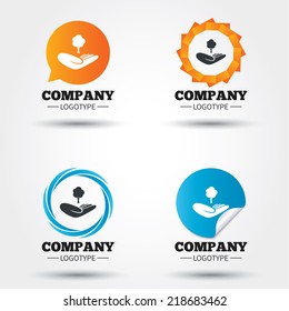 Save forest sign icon. Hand holds tree symbol. Environmental protection symbol. Business abstract circle logos. Icon in speech bubble, wreath. Vector