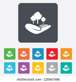 Save forest sign icon. Hand holds tree symbol. Environmental protection symbol. Rounded squares 11 buttons. Vector